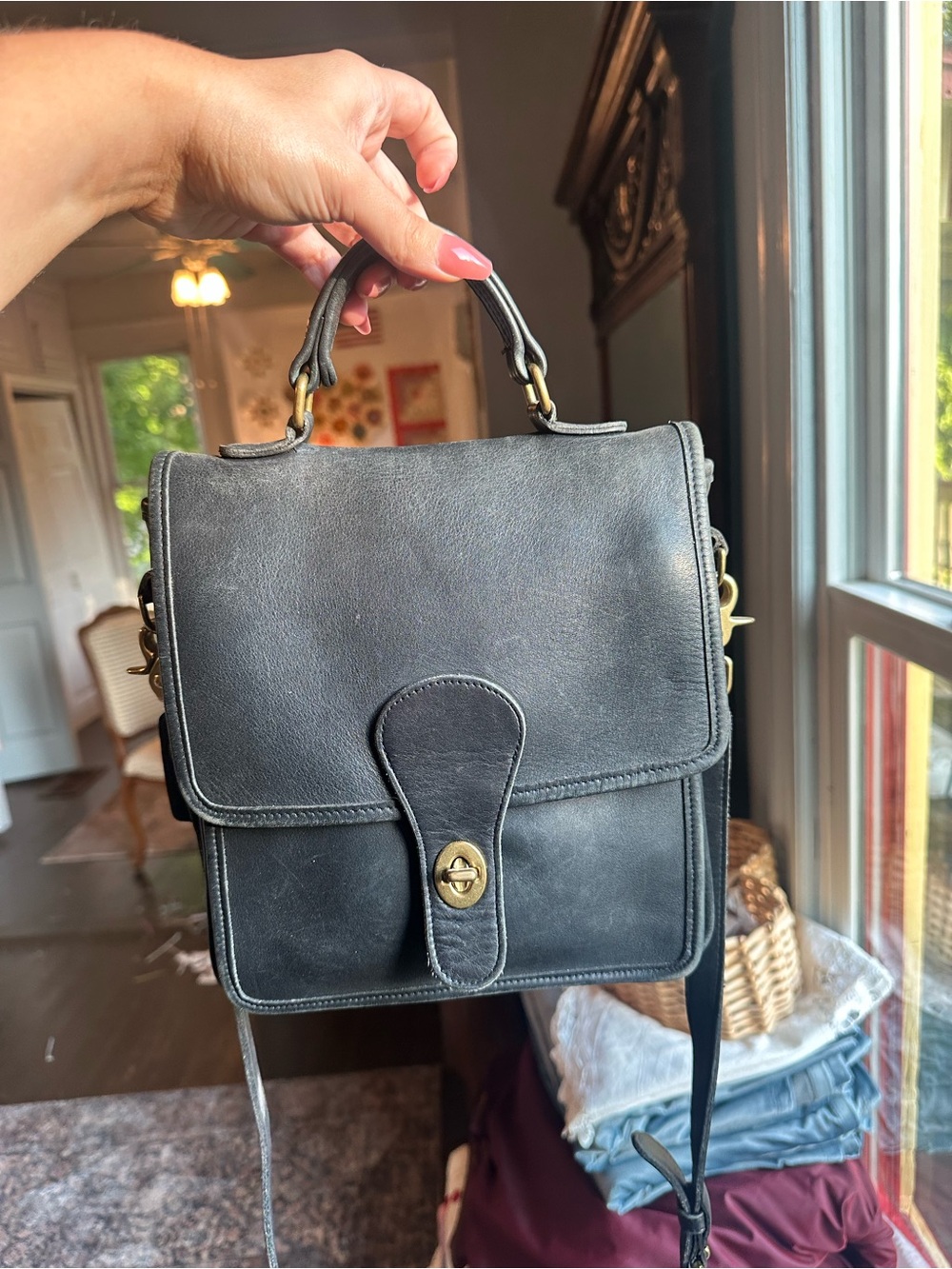Coach Black Leather Top-Handle Station Bag with Gold-Tone Hardware